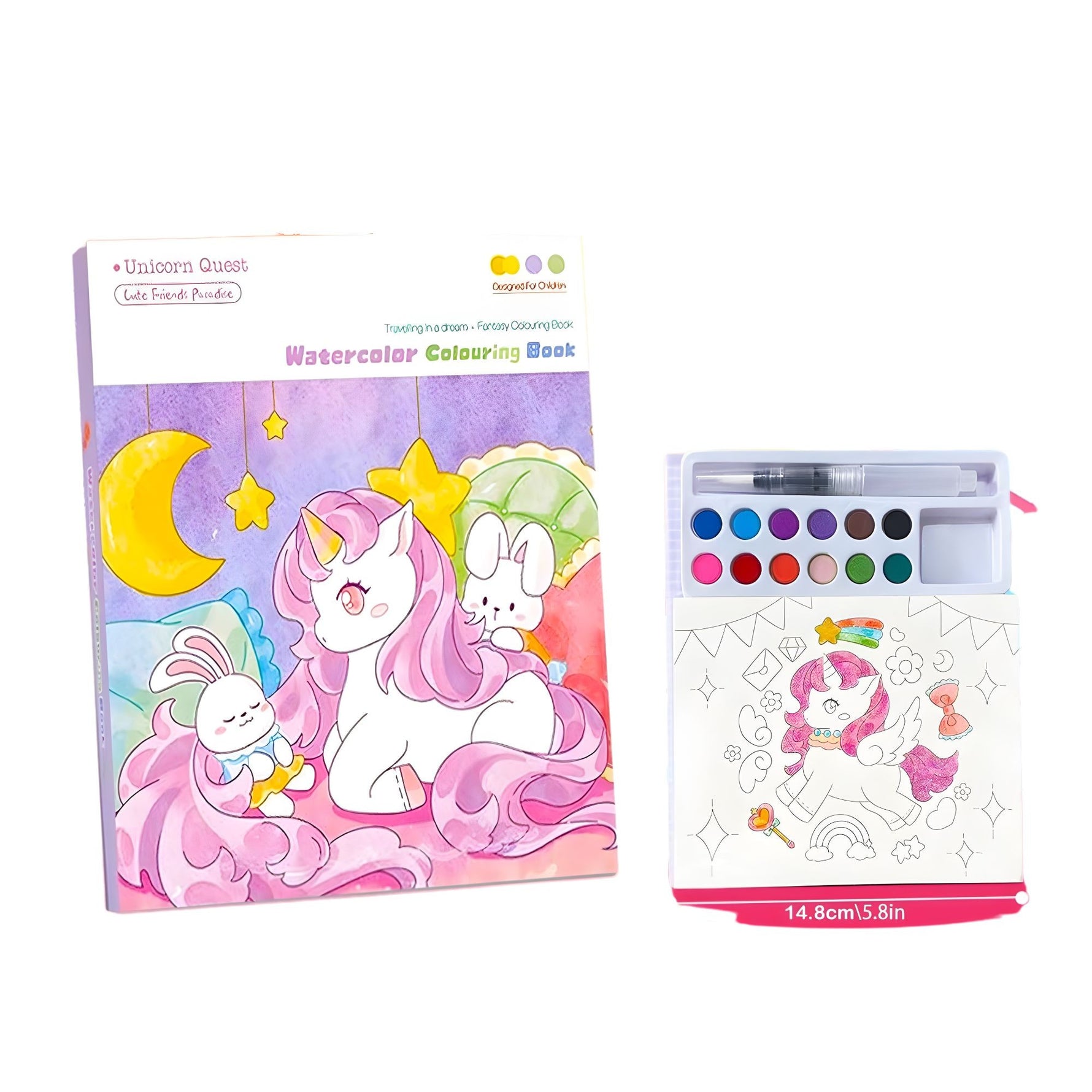 Carte de Colorat cu Acuarela, Flippy, Model Unicorn, 20 Foi de Carton 200 gr, 12 Culori, 1 Pensula, 15.7 x 18.8 x 1.8