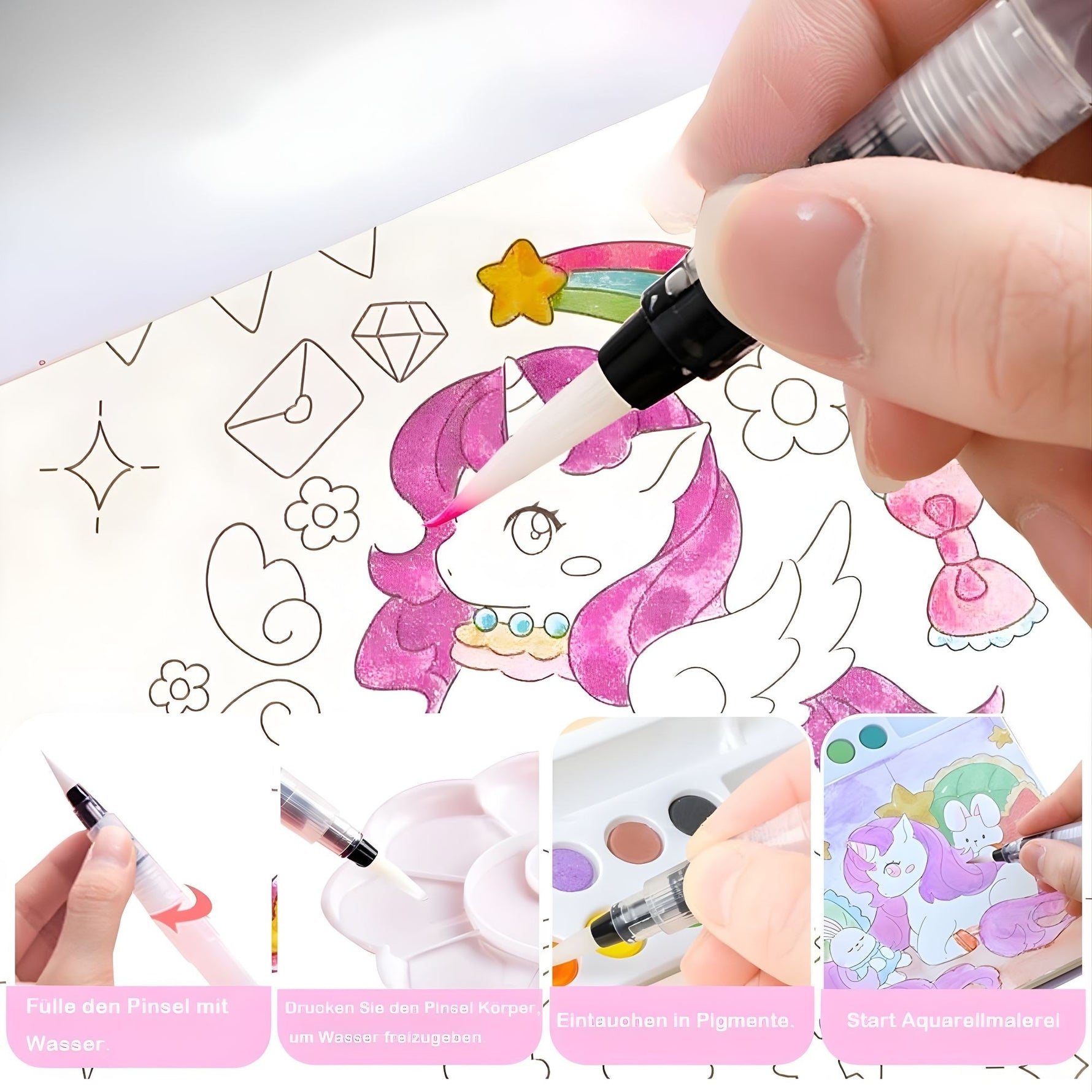 Carte de Colorat cu Acuarela, Flippy, Model Unicorn, 20 Foi de Carton 200 gr, 12 Culori, 1 Pensula, 15.7 x 18.8 x 1.8