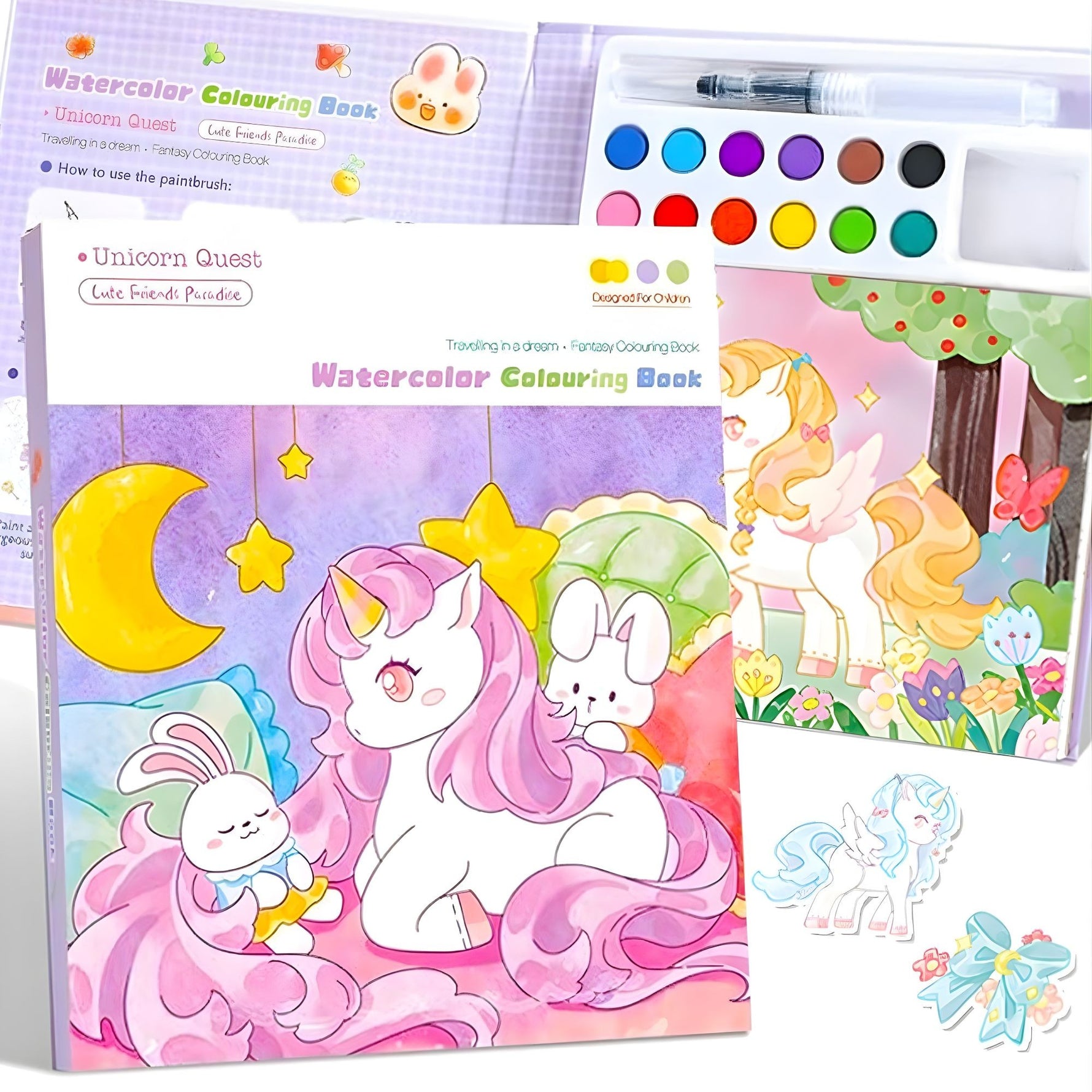 Carte de Colorat cu Acuarela, Flippy, Model Unicorn, 20 Foi de Carton 200 gr, 12 Culori, 1 Pensula, 15.7 x 18.8 x 1.8