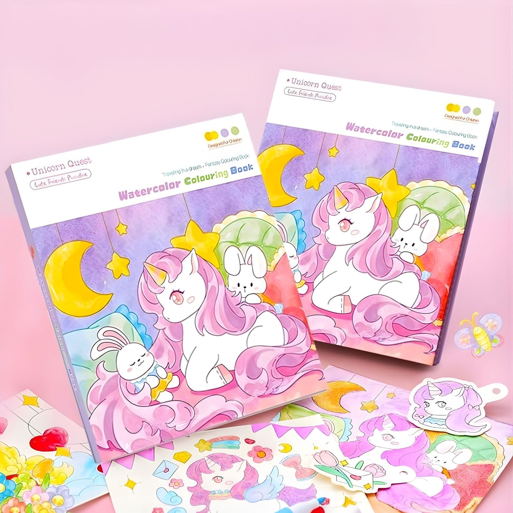 Carte de Colorat cu Acuarela, Flippy, Model Unicorn, 20 Foi de Carton 200 gr, 12 Culori, 1 Pensula, 15.7 x 18.8 x 1.8