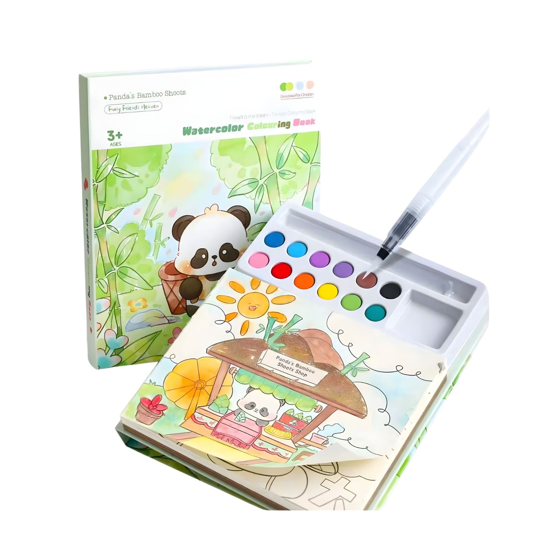 Carte de Colorat cu Acuarela, Flippy, Model Panda, 20 Foi de Carton 200 gr, 12 Culori, 1 Pensula, 15.7 x 18.8 x 1.8 cm,