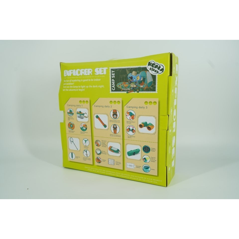 Set camping micutul explorator pentru exterior, 3 accesorii vestimentare, 9 ustensile de joaca, 8 carti educative cu