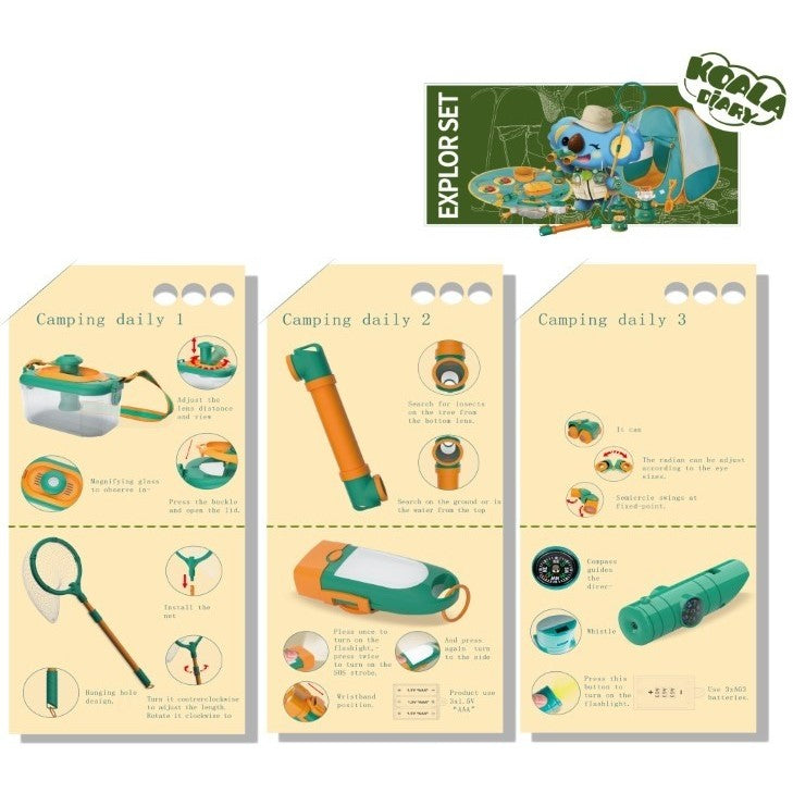 Set camping micutul explorator pentru exterior, 3 accesorii vestimentare, 9 ustensile de joaca, 8 carti educative cu