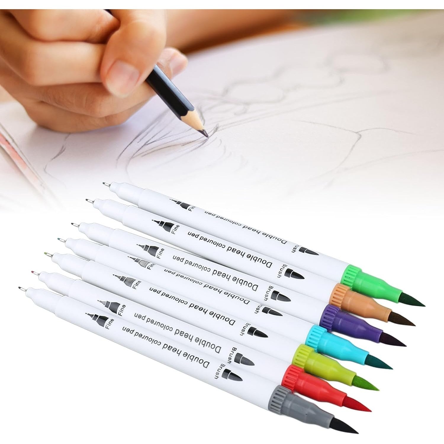 Set Carioci pe Baza de Apa, Flippy, 2 in 1, pentru Pictura, Caligrafie, 120 Culori, Penar Negru, Corp Carioca Alb, 27.5