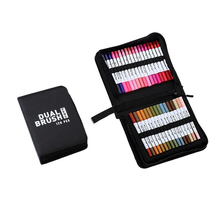Set Carioci pe Baza de Apa, Flippy, 2 in 1, pentru Pictura, Caligrafie, 120 Culori, Penar Negru, Corp Carioca Alb, 27.5