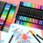 Set Carioci pe Baza de Apa, Flippy, 2 in 1, pentru Pictura, Caligrafie, 60 Culori, Penar Negru, Corp Carioca Negru,