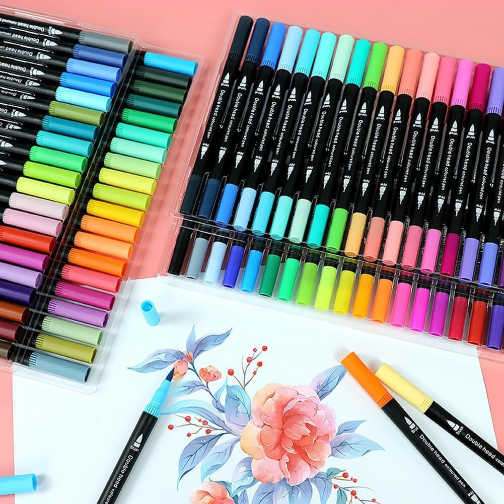 Set Carioci pe Baza de Apa, Flippy, 2 in 1, pentru Pictura, Caligrafie, 60 Culori, Penar Negru, Corp Carioca Negru,