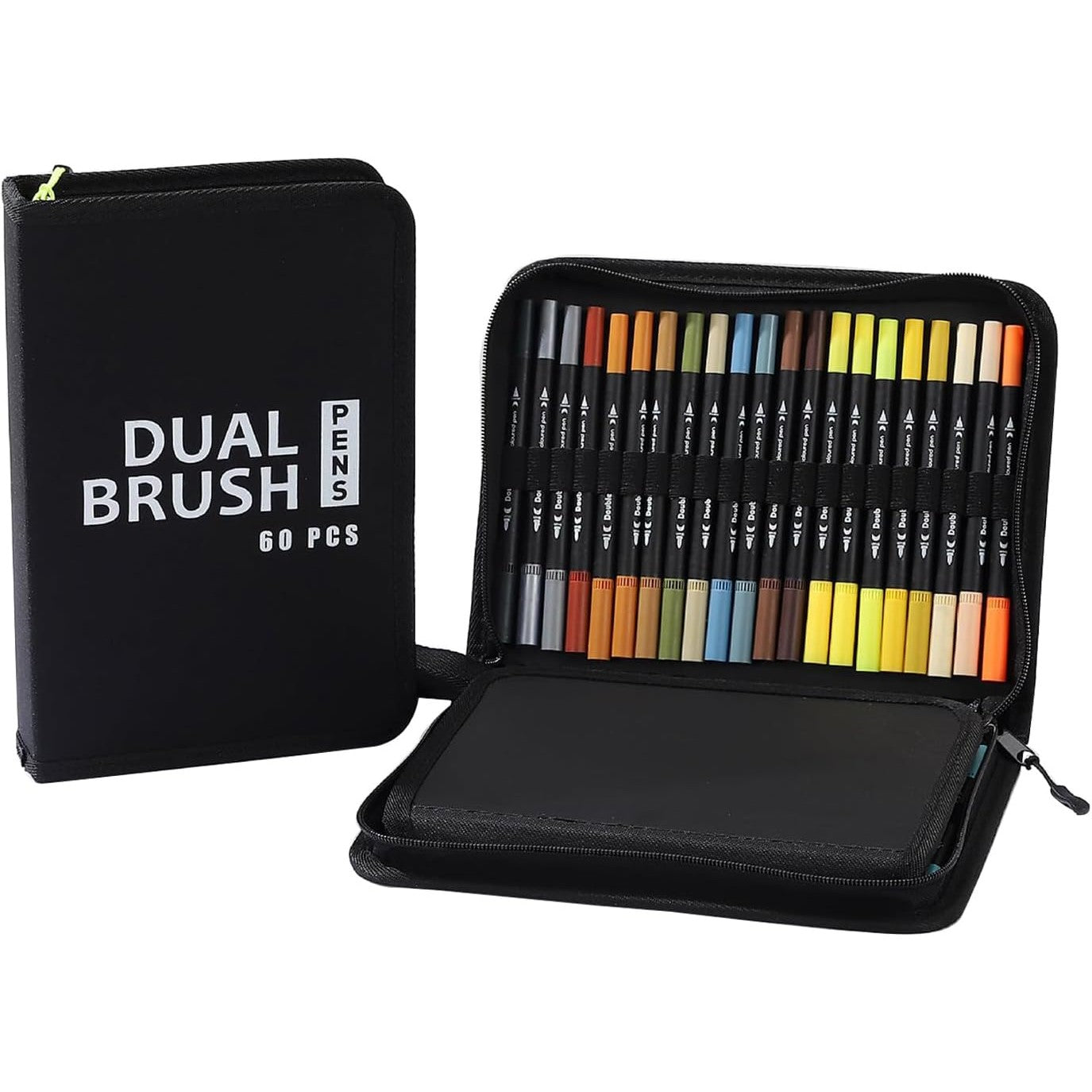 Set Carioci pe Baza de Apa, Flippy, 2 in 1, pentru Pictura, Caligrafie, 60 Culori, Penar Negru, Corp Carioca Negru,
