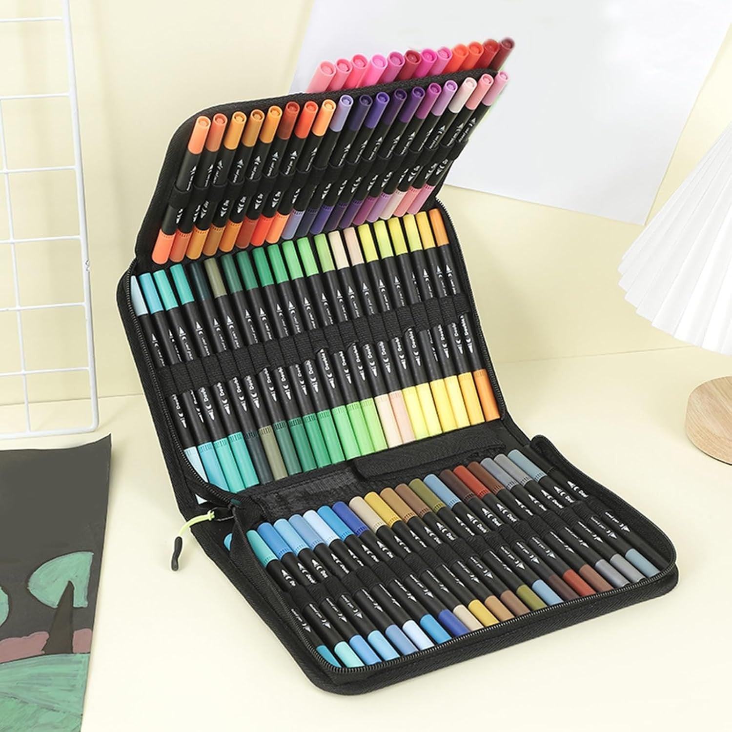 Set Carioci pe Baza de Apa, Flippy, 2 in 1, pentru Pictura, Caligrafie, 60 Culori, Penar Negru, Corp Carioca Negru,