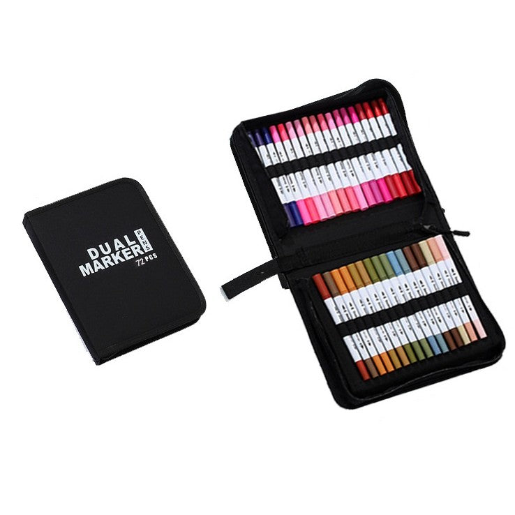 Set Carioci pe Baza de Apa, Flippy, 2 in 1, pentru Pictura, Caligrafie, 72 Culori, Penar Negru, Corp Carioca Alb, 24.5