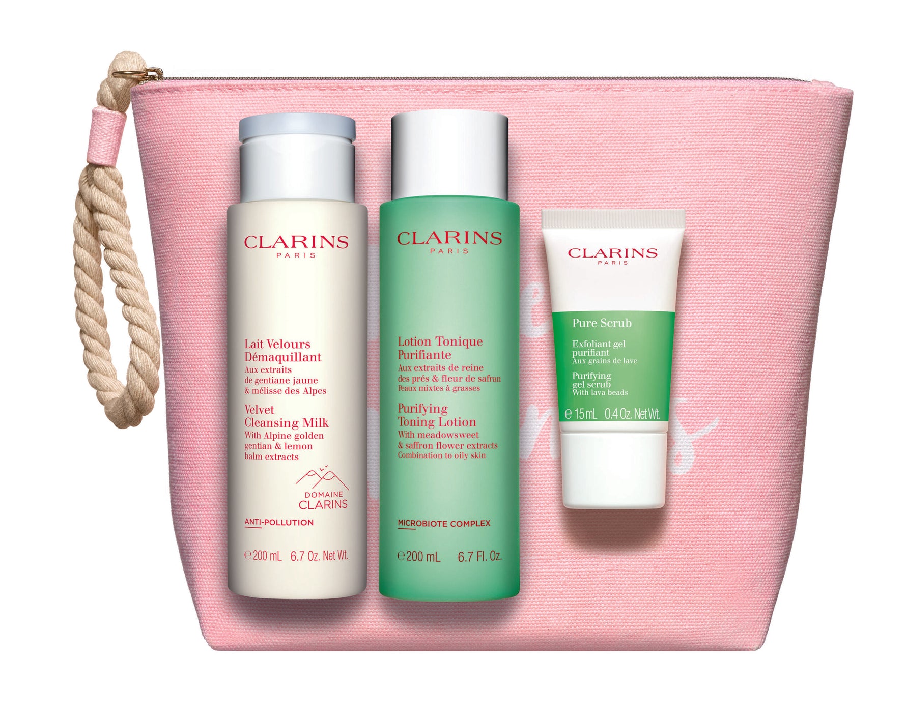 Set Clarins: Pure, Exfoliating Scrub, 15 ml + Velourse, Anti-Pollution, Cleansing Milk, For Face, 200 ml + Purifying, Alcohol-Free, Purifying, Tonic Lotion, For Face, 200 ml