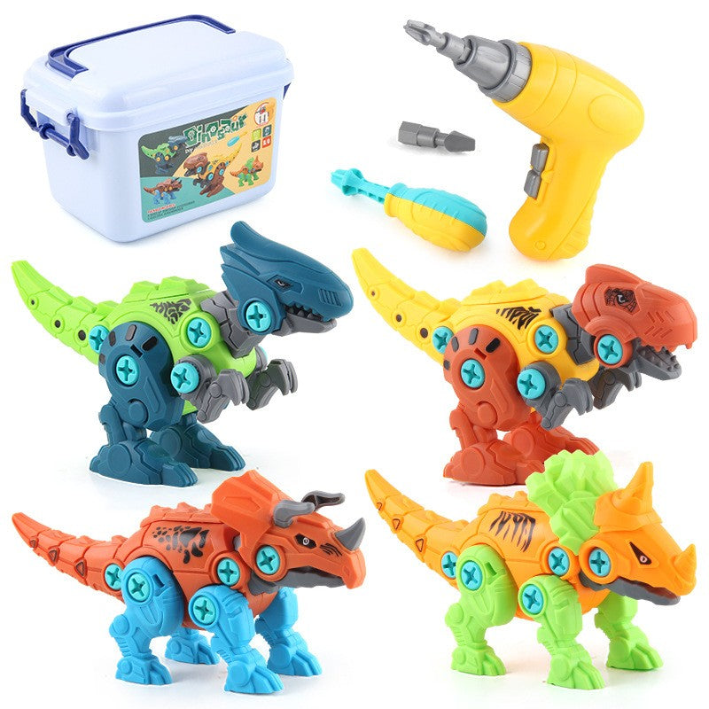 Set de Constructie/Asamblare, Flippy, 4 Dinozauri, cu Bormasina Electrica, Baterii 2 x AA, Surubelnita si Cutie