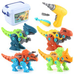Set de Constructie/Asamblare, Flippy, 4 Dinozauri, cu Bormasina Electrica, Baterii 2 x AA, Surubelnita si Cutie