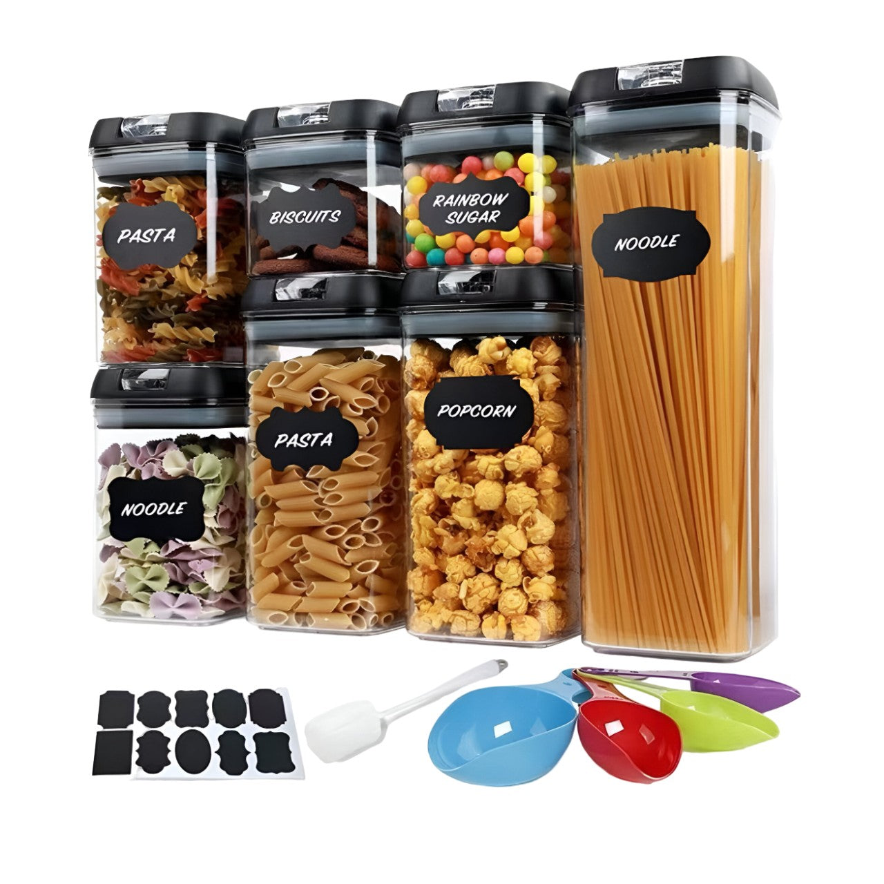 Set Cutii de Depozitare a Alimentelor, Flippy, 7 Recipiente, 10 Etichete Reutilizabile, 4 Linguri, pentru Bucatarie,