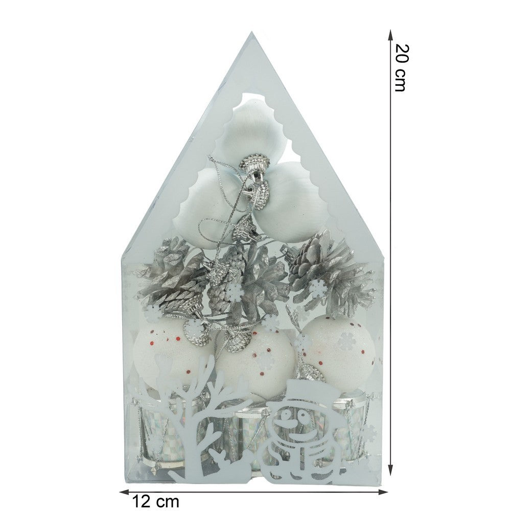 Set de 12 ornamente de brad, Flippy, de tip Glob, Alb/ Argintiu, din polistiren, cu finisaj sclipitor , cutie 4 cm