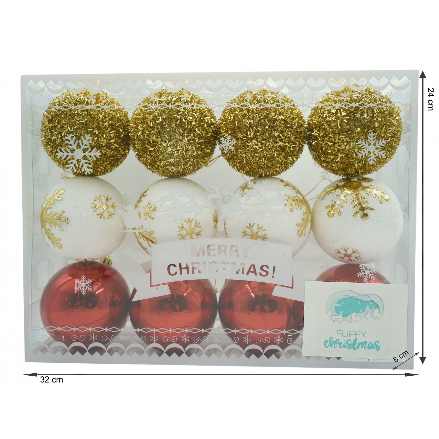 Set de 12 ornamente de brad, Flippy, de tip Glob, Alb/ Rosu, din polistiren, cu finisaj sclipitor , cutie 8 cm adancime