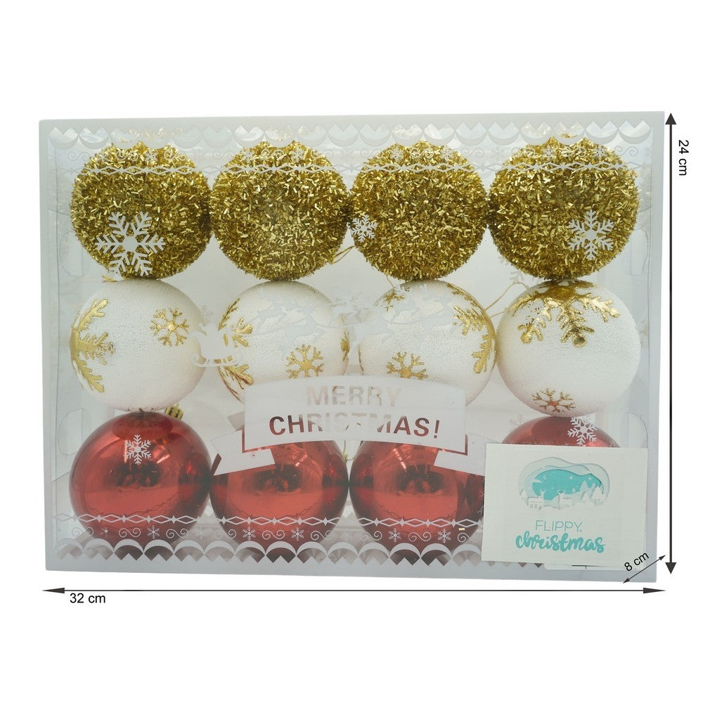 Set de 12 ornamente de brad, Flippy, de tip Glob, Alb/ Rosu, din polistiren, cu finisaj sclipitor , cutie 8 cm adancime