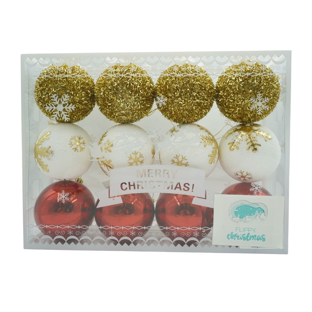 Set de 12 ornamente de brad, Flippy, de tip Glob, Alb/ Rosu, din polistiren, cu finisaj sclipitor , cutie 8 cm adancime