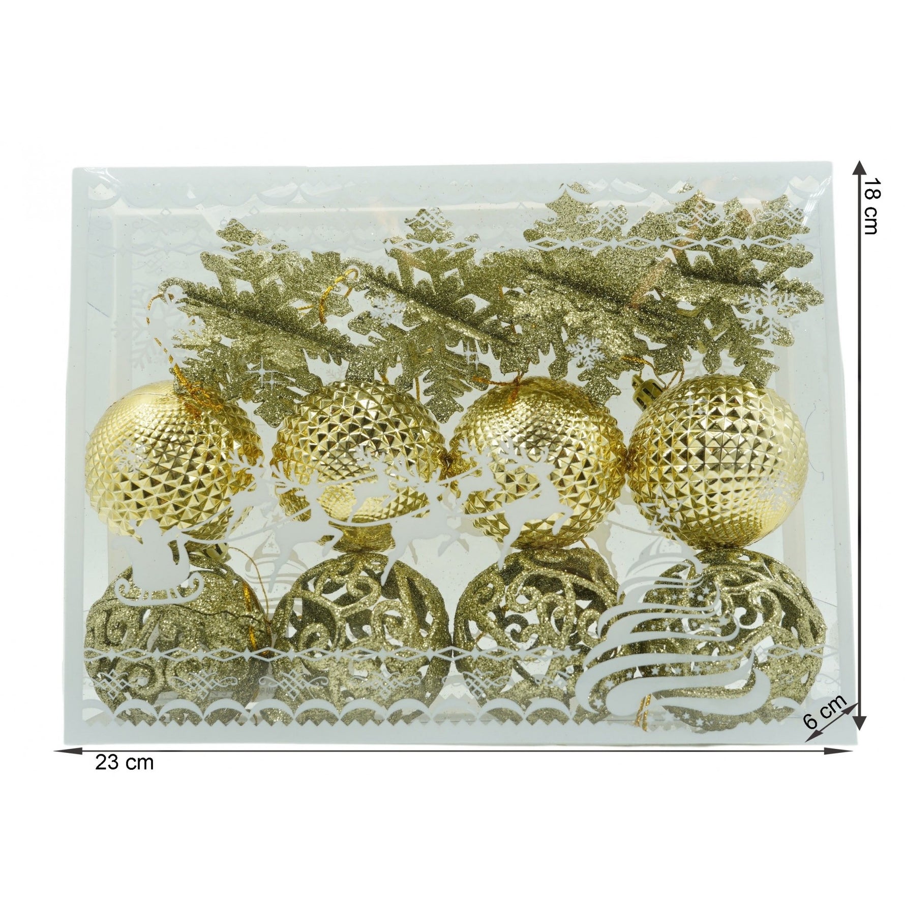 Set de 12 ornamente de brad, Flippy, de tip Glob, Auriu, din plastic, cu finisaj sclipitor , cutie 6 cm adancime x 23