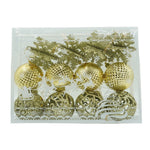 Set de 12 ornamente de brad, Flippy, de tip Glob, Auriu, din plastic, cu finisaj sclipitor , cutie 6 cm adancime x 23