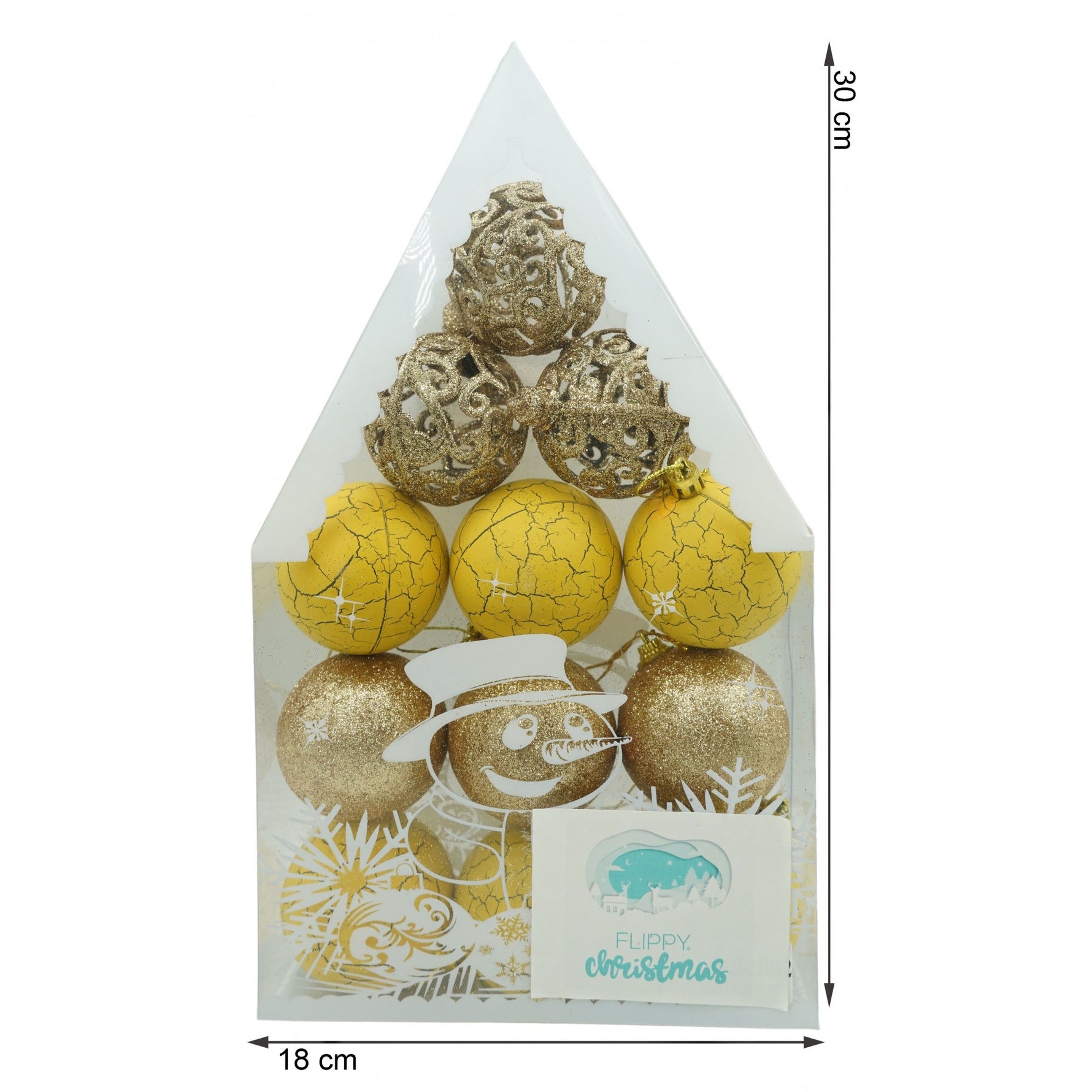 Set de 12 ornamente de brad, Flippy, de tip Glob, Auriu/ Galben, din plastic, cu finisaj sclipitor , cutie 6 cm