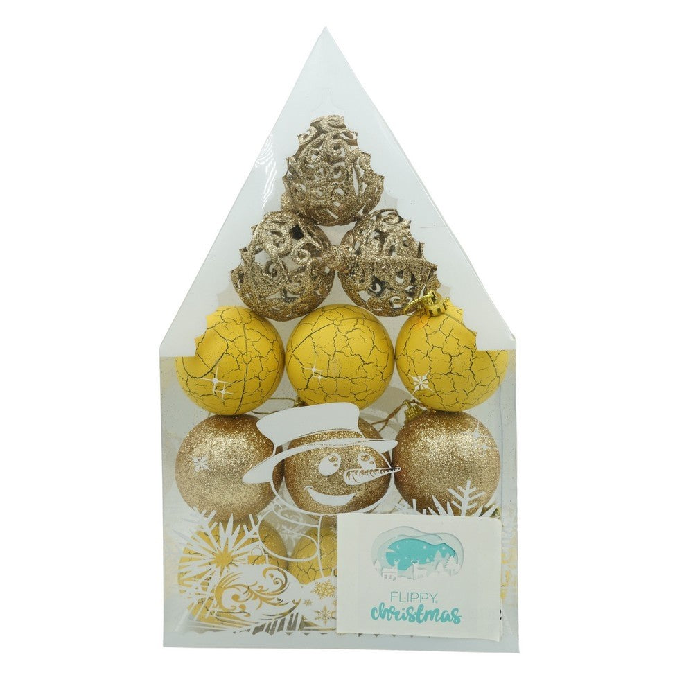 Set de 12 ornamente de brad, Flippy, de tip Glob, Auriu/ Galben, din plastic, cu finisaj sclipitor , cutie 6 cm