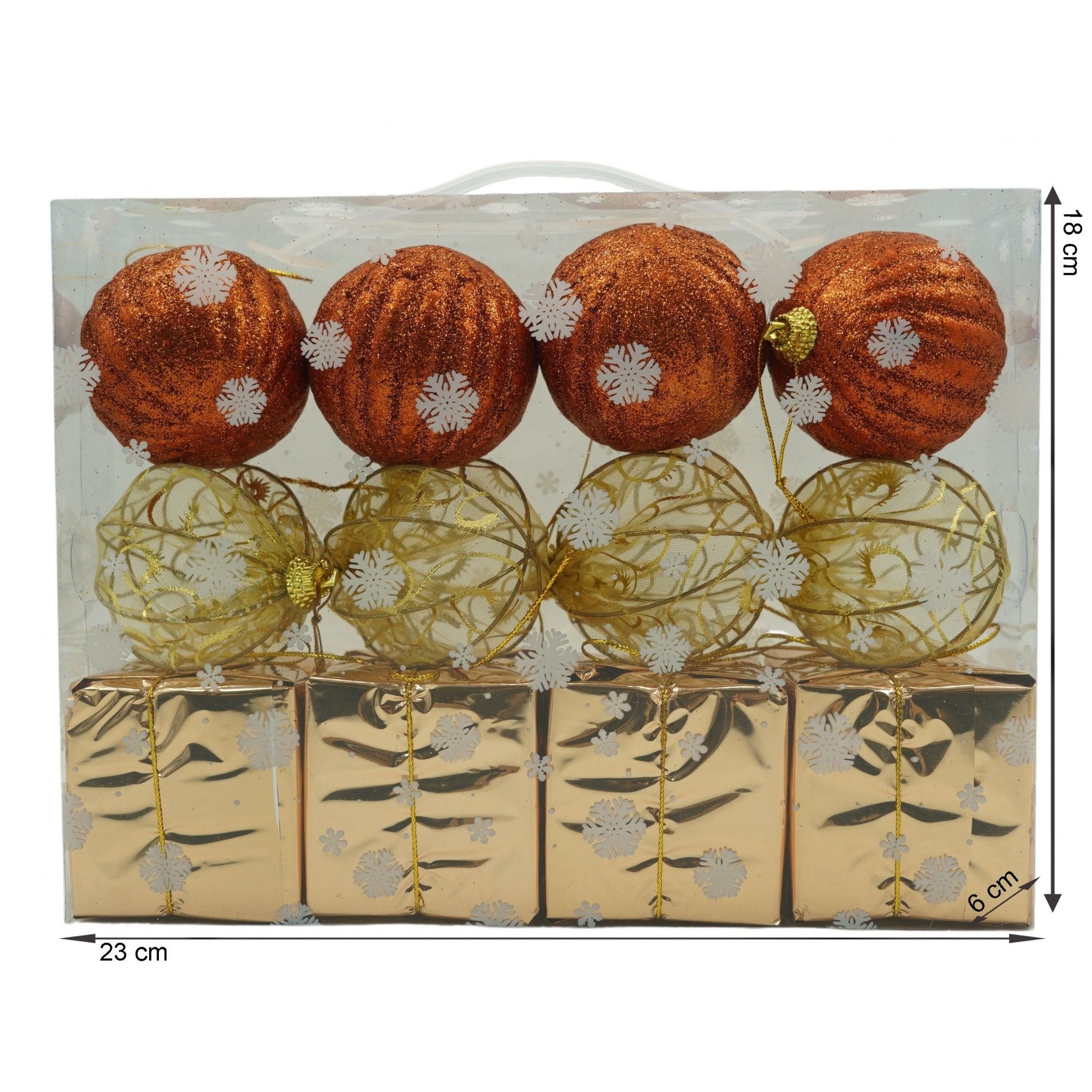 Set de 12 ornamente de brad, Flippy, de tip Glob, Cupru/ Auriu, din polistiren, cu finisaj sclipitor , cutie 6 cm