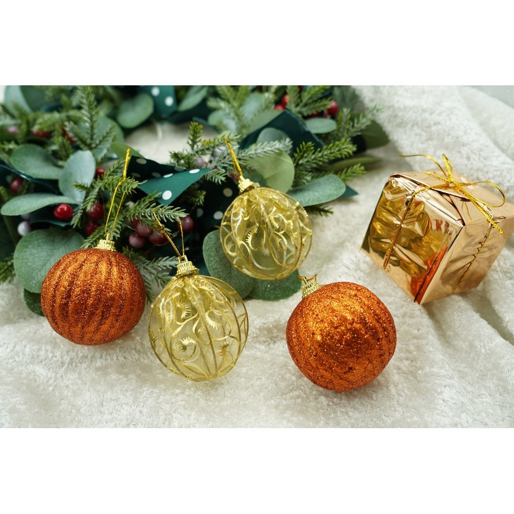 Set de 12 ornamente de brad, Flippy, de tip Glob, Cupru/ Auriu, din polistiren, cu finisaj sclipitor , cutie 6 cm