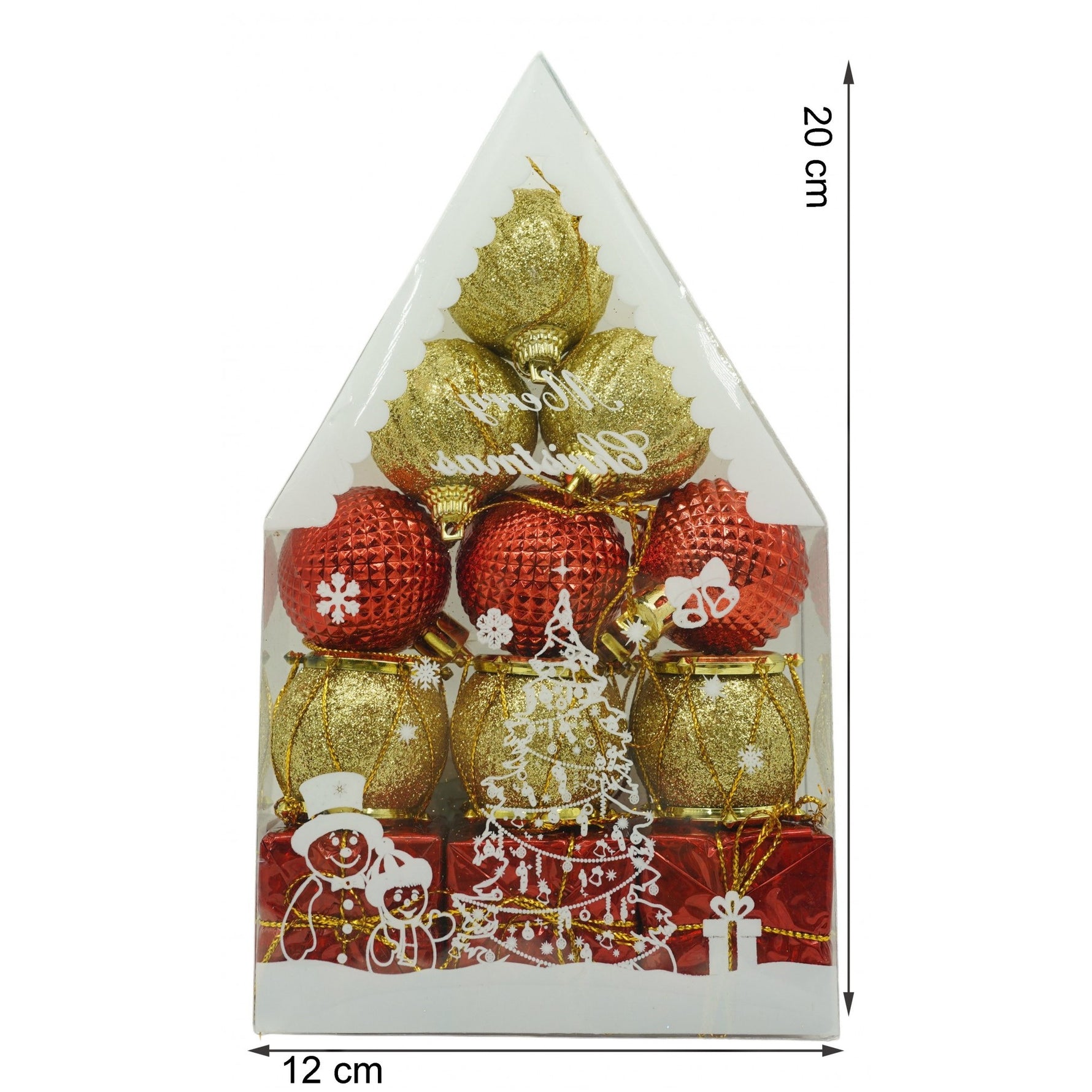 Set de 12 ornamente de brad, Flippy, de tip Glob, Rosu/ Auriu, din polistiren, cu finisaj sclipitor , cutie 4 cm