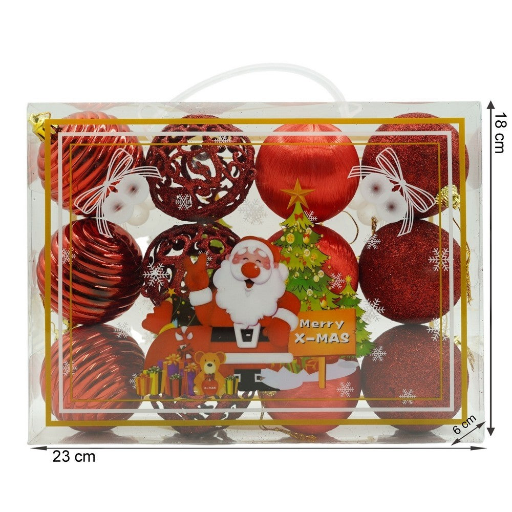 Set de 12 ornamente de brad, Flippy, de tip Glob, Rosu, din polistiren, cu finisaj sclipitor , cutie 6 cm adancime x 23