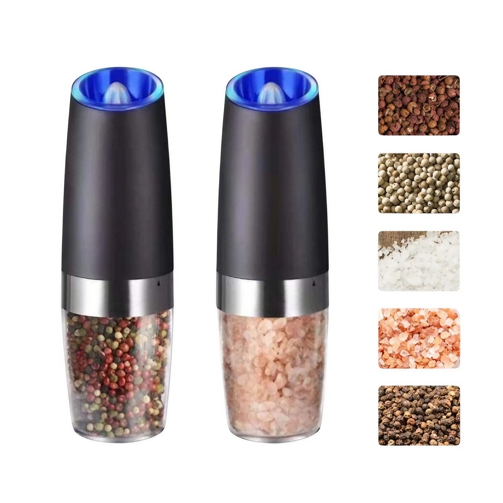 Set de 2 Rasnite electrice de Sare si Piper, Flippy, cu Camere Depozitare Transparente, Macinare, Functionare pe