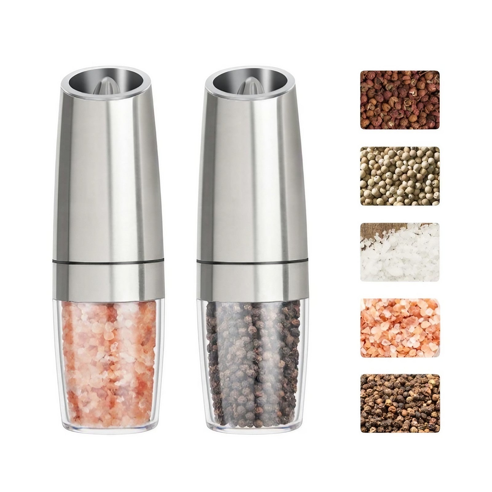 Set de 2 Rasnite electrice de Sare si Piper, Flippy, cu Camere Depozitare Transparente, Macinare, Functionare pe