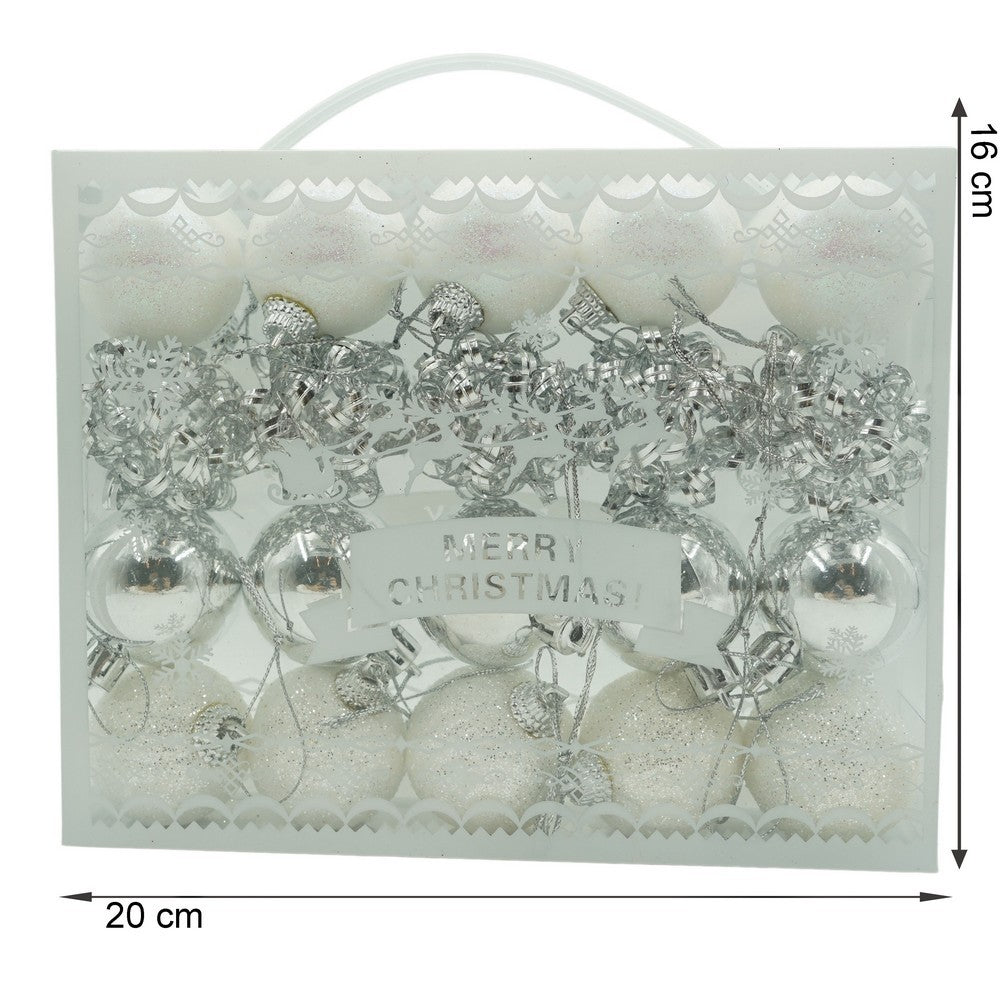 Set de 20 ornamente de brad, Flippy, de tip Glob, Alb/ Argintiu, din polistiren, cu finisaj sclipitor , cutie 4 cm