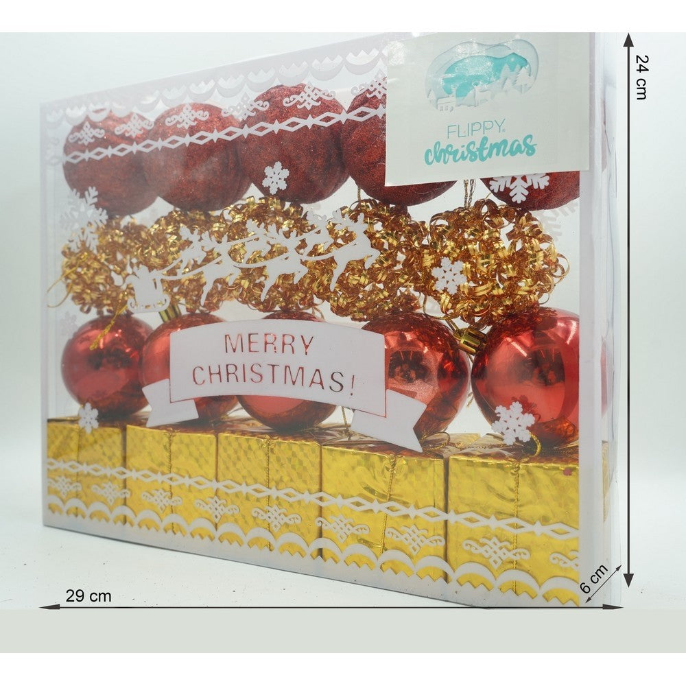 Set de 20 ornamente de brad, Flippy, de tip Glob, Rosu/ Auriu, din polistiren, cu finisaj sclipitor , cutie 6 cm