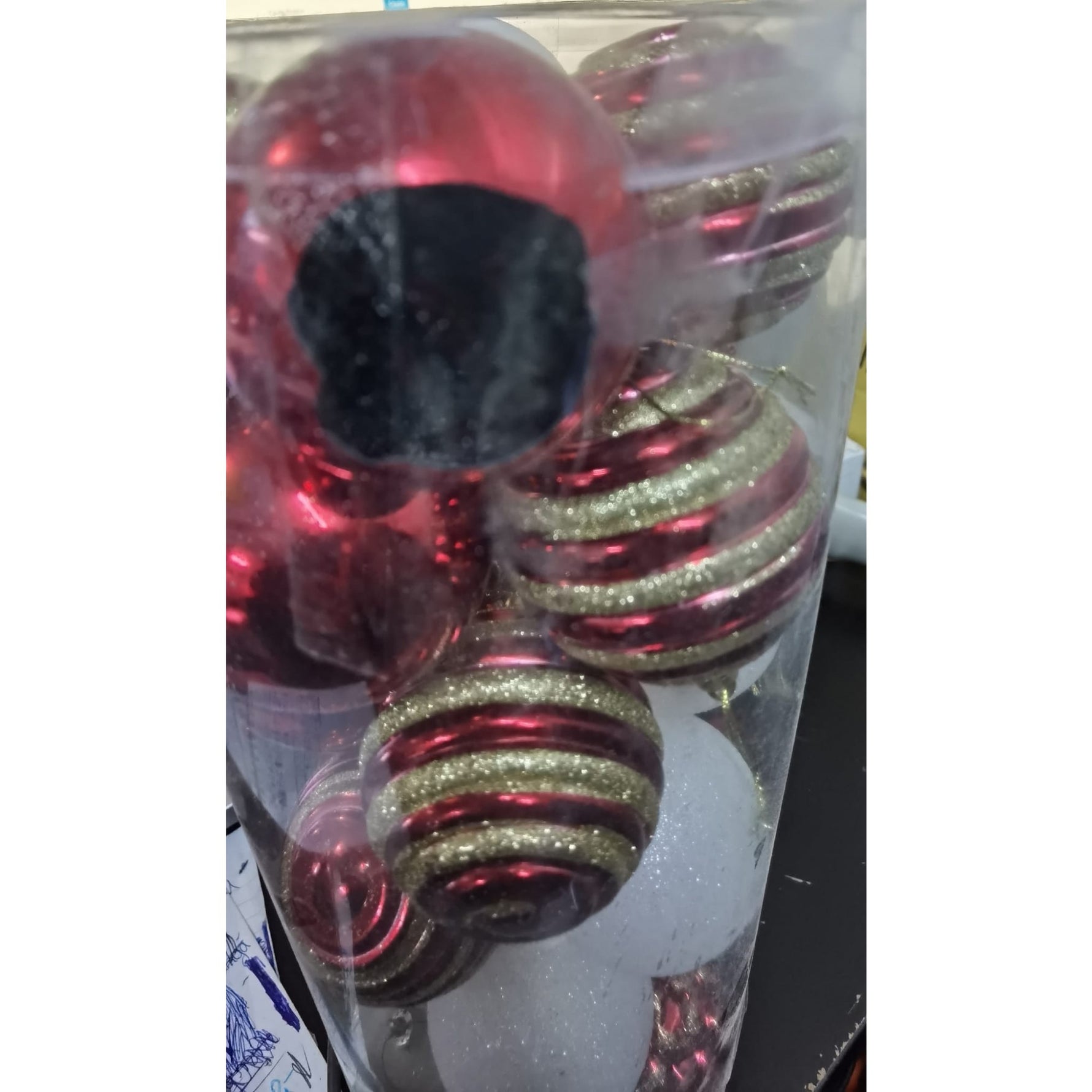 Set de 24 ornamente de brad, Flippy, de tip Glob, Alb/ Rosu, cu ø de 7 cm, din plastic, cu finisaj sclipitor , cutie 16