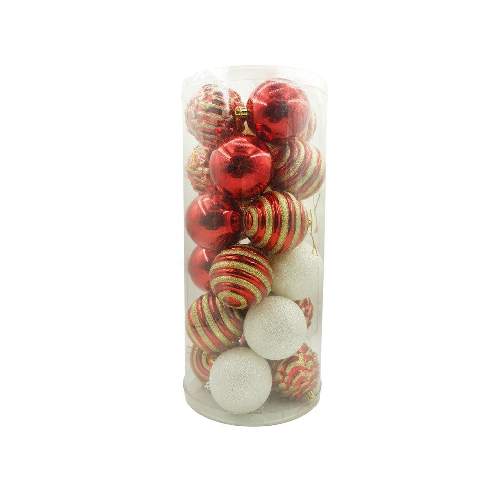 Set de 24 ornamente de brad, Flippy, de tip Glob, Alb/ Rosu, cu ø de 7 cm, din plastic, cu finisaj sclipitor , cutie 16