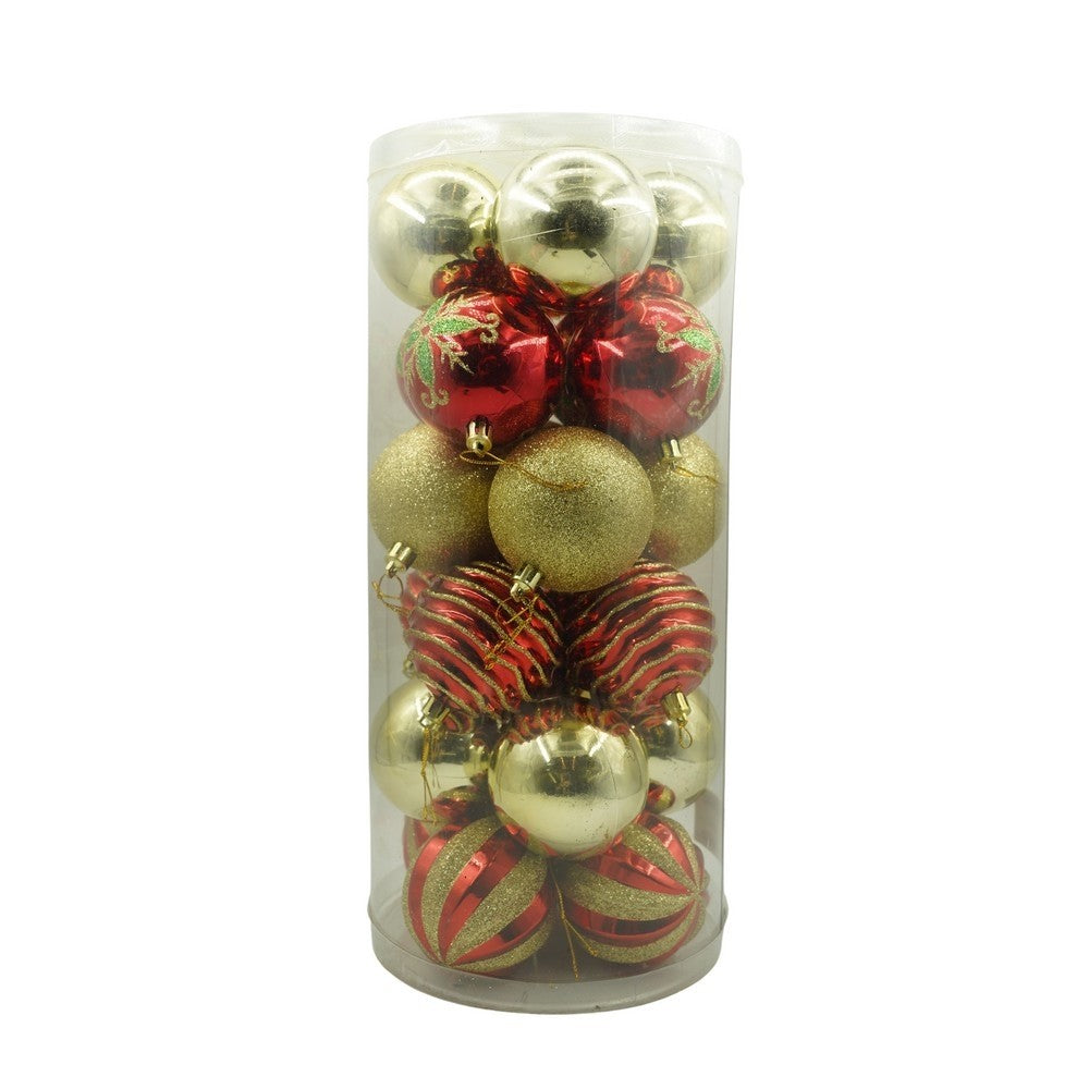 Set de 24 ornamente de brad, Flippy, de tip Glob, Rosu/ Auriu, cu ø de 7 cm, din plastic, cu finisaj sclipitor , cutie