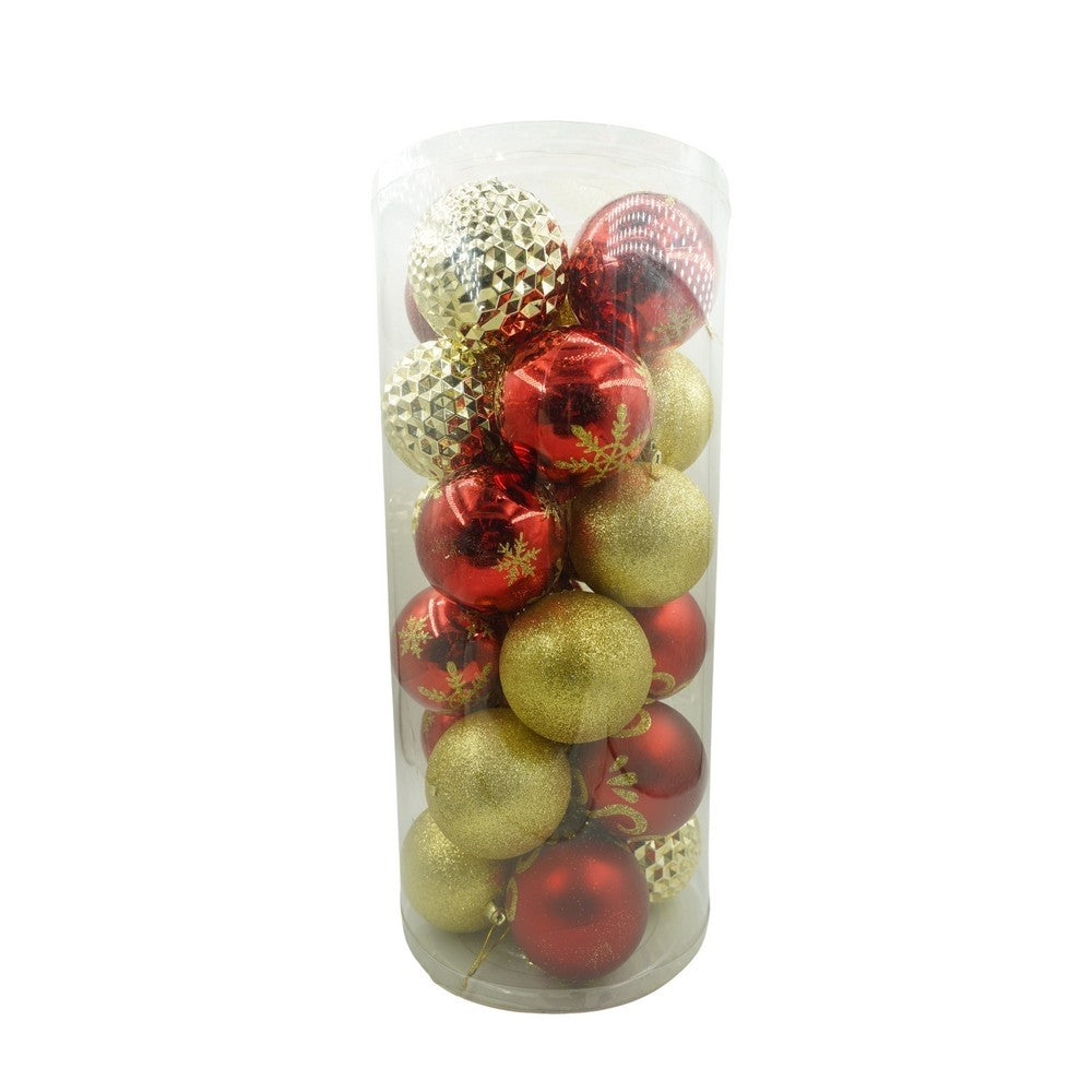 Set de 24 ornamente de brad, Flippy, de tip Glob, Rosu/ Auriu, cu ø de 8 cm, din plastic, cu finisaj sclipitor , cutie