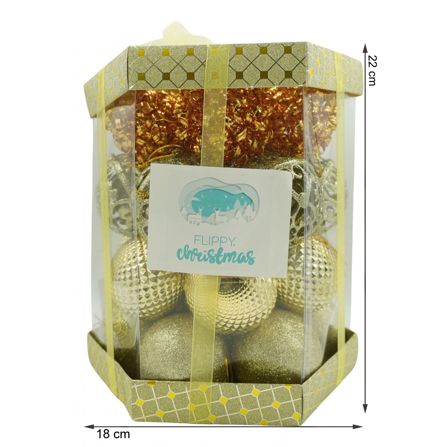 Set de 28 ornamente de brad, Flippy, de tip Glob, Cupru/ Auriu, din polistiren, cu finisaj sclipitor , cutie 18 cm