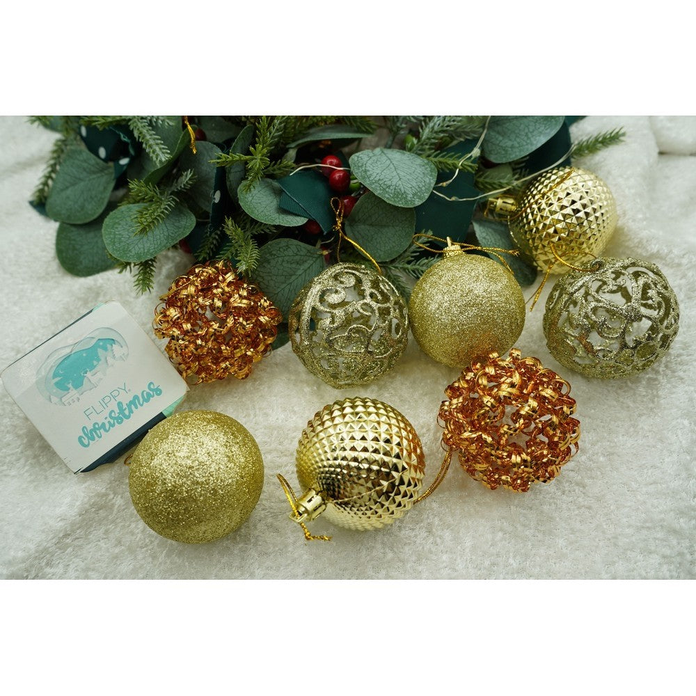 Set de 28 ornamente de brad, Flippy, de tip Glob, Cupru/ Auriu, din polistiren, cu finisaj sclipitor , cutie 18 cm
