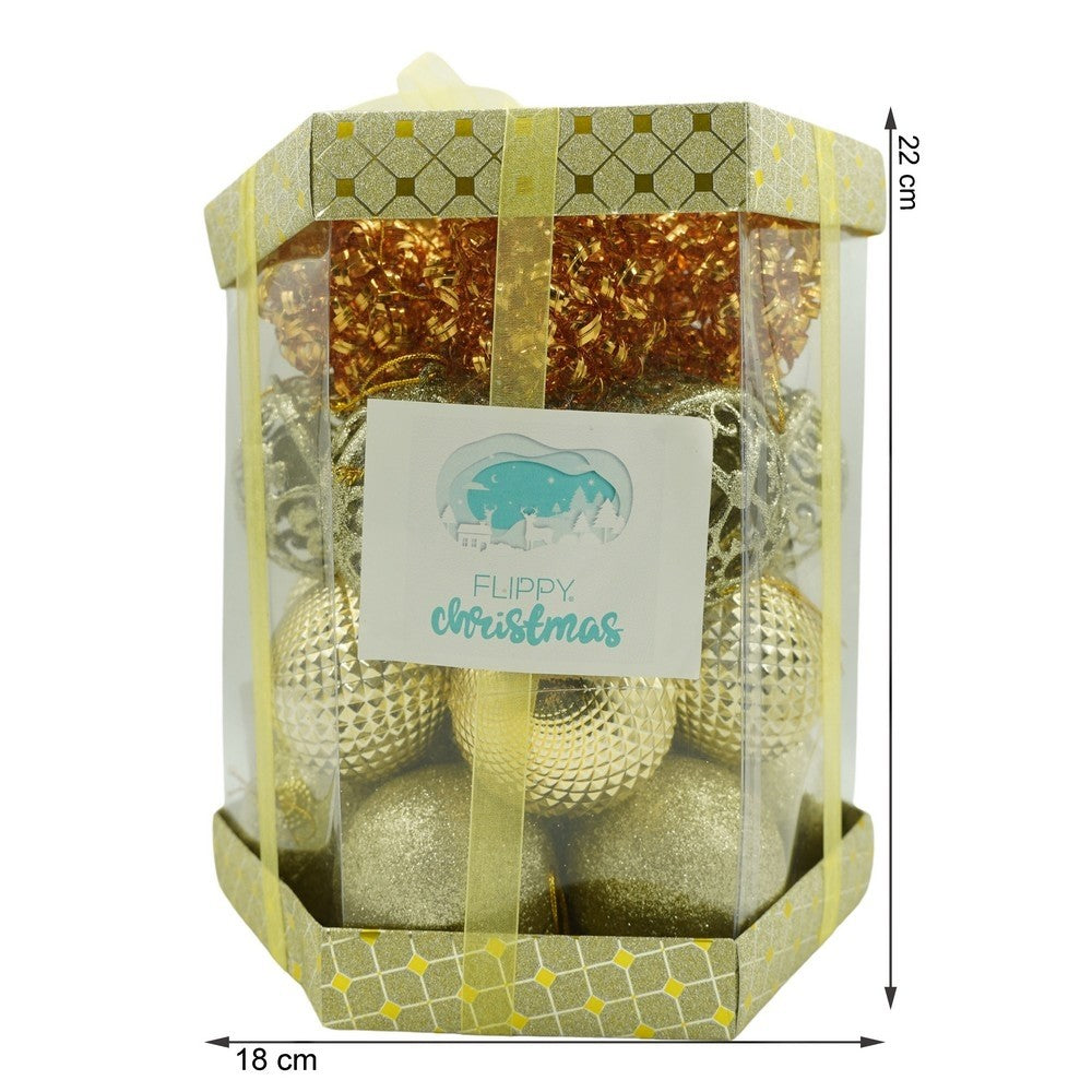 Set de 28 ornamente de brad, Flippy, de tip Glob, Cupru/ Auriu, din polistiren, cu finisaj sclipitor , cutie 18 cm