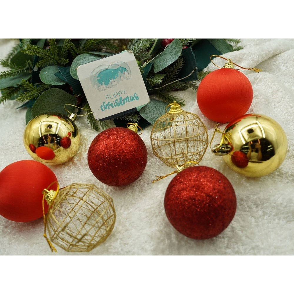 Set de 28 ornamente de brad, Flippy, de tip Glob, Rosu/ Auriu, din polistiren, cu finisaj sclipitor , cutie 18 cm