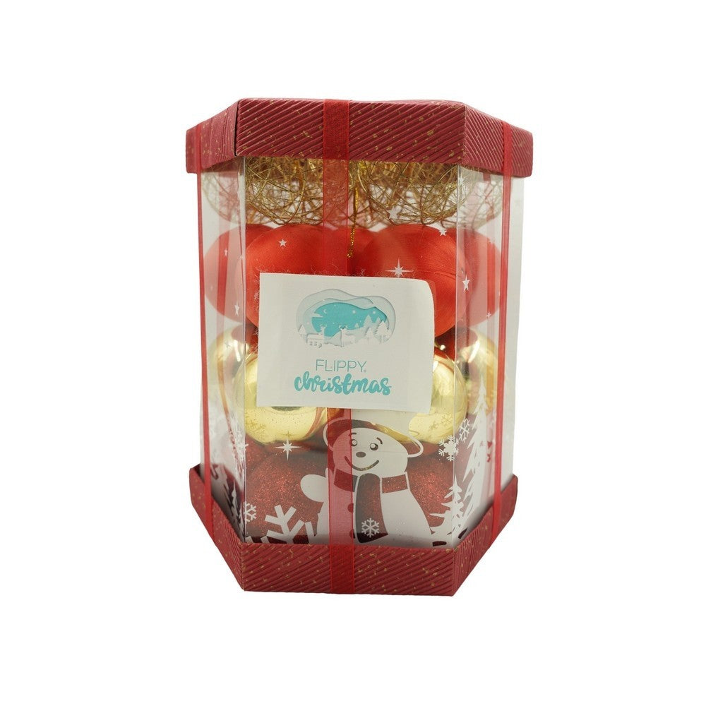 Set de 28 ornamente de brad, Flippy, de tip Glob, Rosu/ Auriu, din polistiren, cu finisaj sclipitor , cutie 18 cm