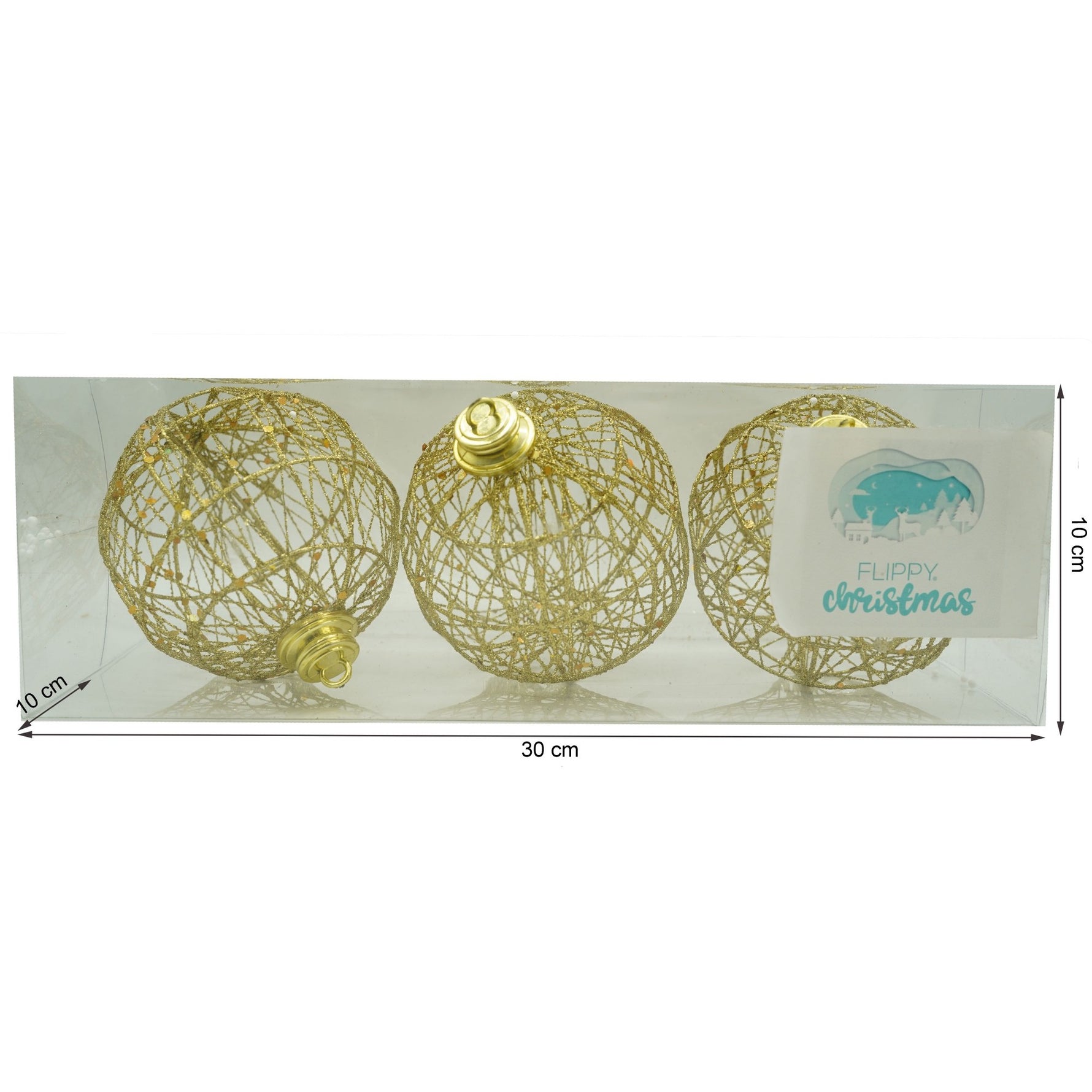 Set de 3 ornamente de brad, Flippy, de tip Glob, Auriu, cu ø de 10 cm, din metal, cu finisaj sclipitor , cutie 10 cm