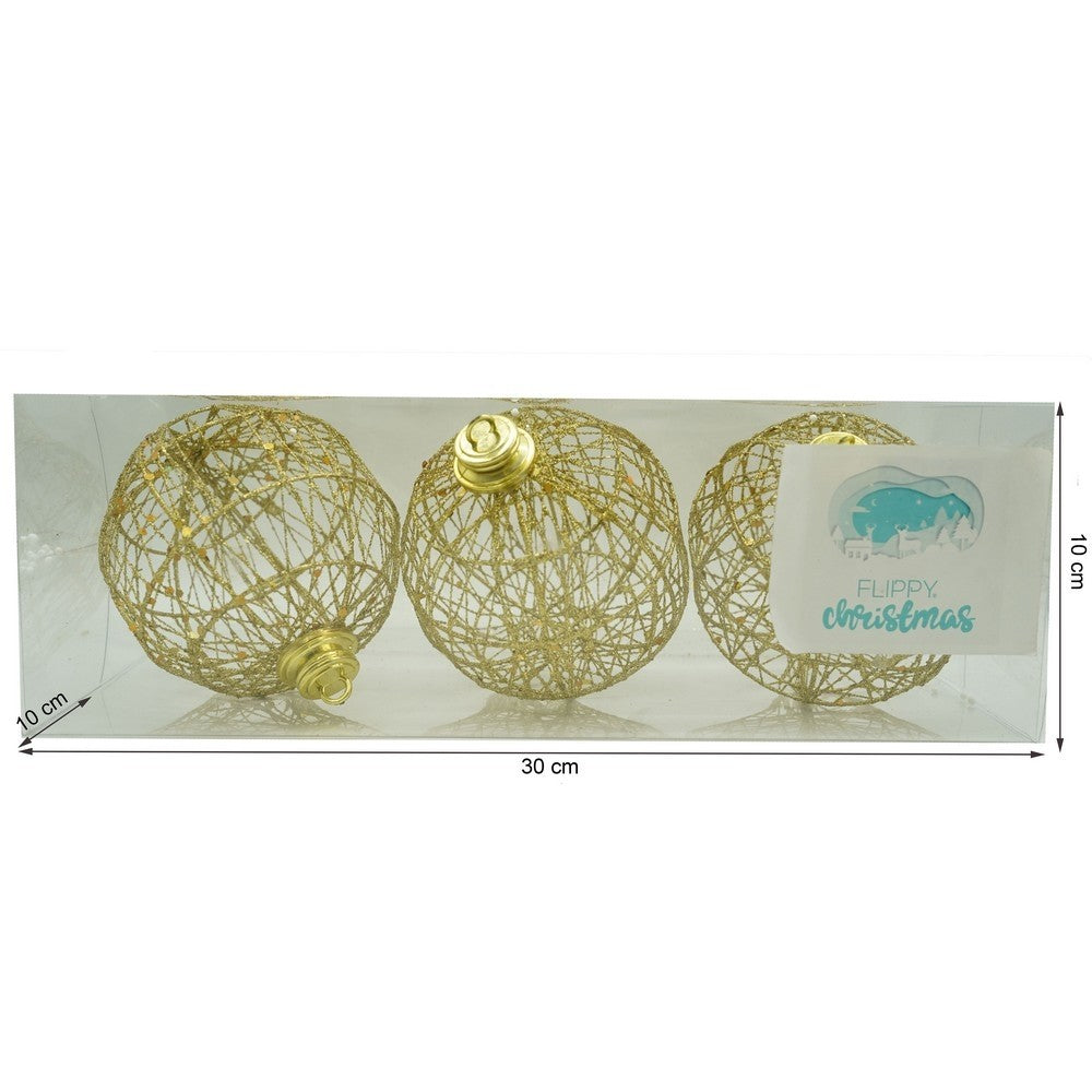Set de 3 ornamente de brad, Flippy, de tip Glob, Auriu, cu ø de 10 cm, din metal, cu finisaj sclipitor , cutie 10 cm