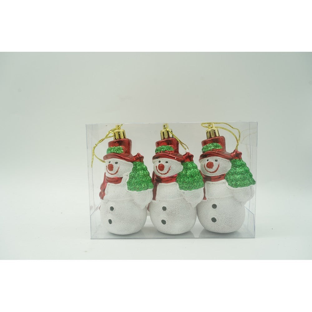 Set de 3 ornamente de brad, Flippy, de tip Om de zapada, Alb/Rosu, din plastic, cu finisaj sclipitor , cutie 4 cm