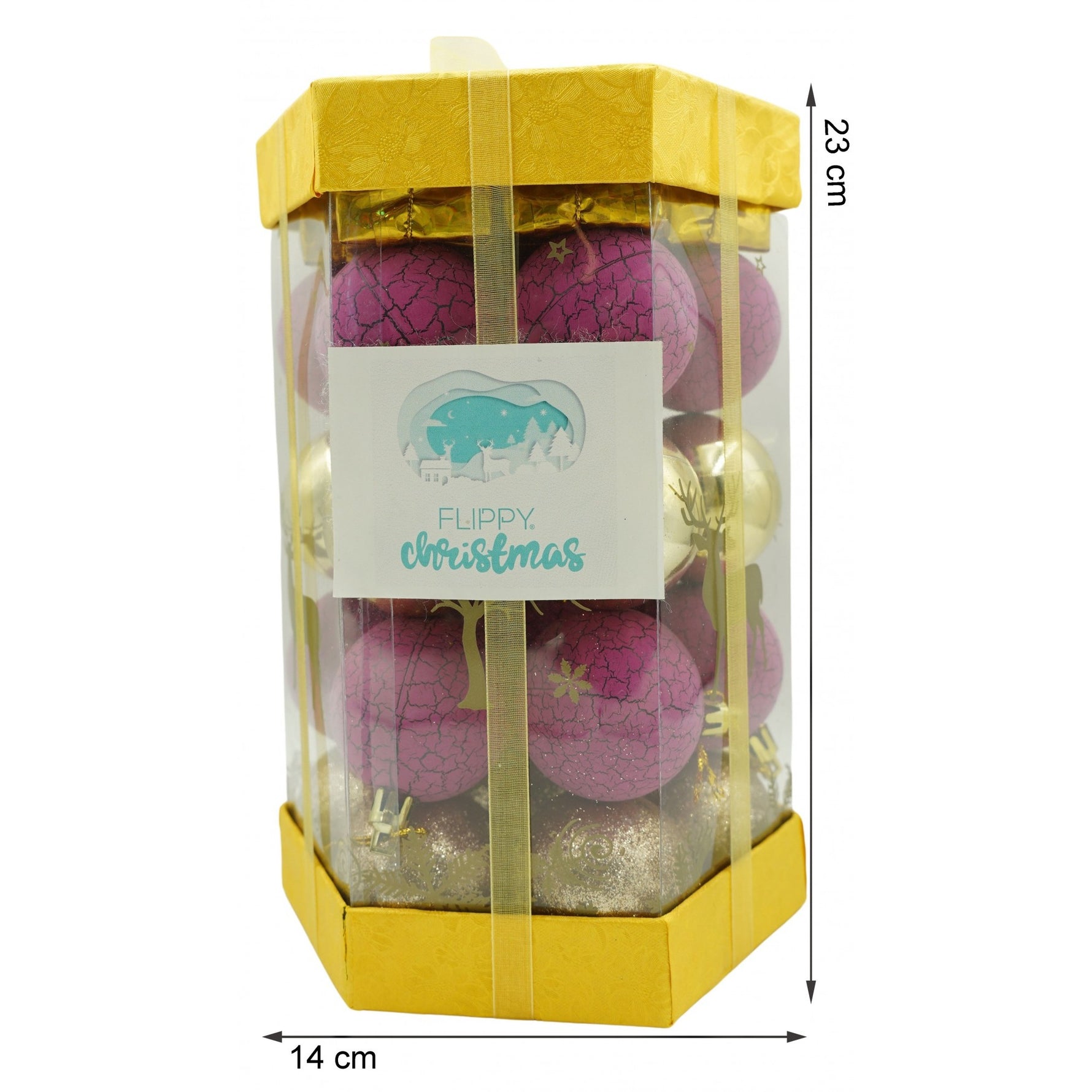 Set de 35 ornamente de brad, Flippy, de tip Glob, Auriu/ Mov, din polistiren, cu finisaj sclipitor , cutie 14 cm