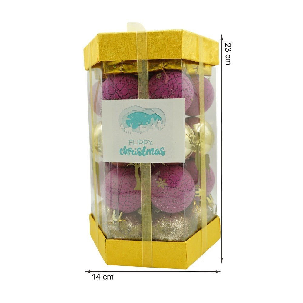 Set de 35 ornamente de brad, Flippy, de tip Glob, Auriu/ Mov, din polistiren, cu finisaj sclipitor , cutie 14 cm