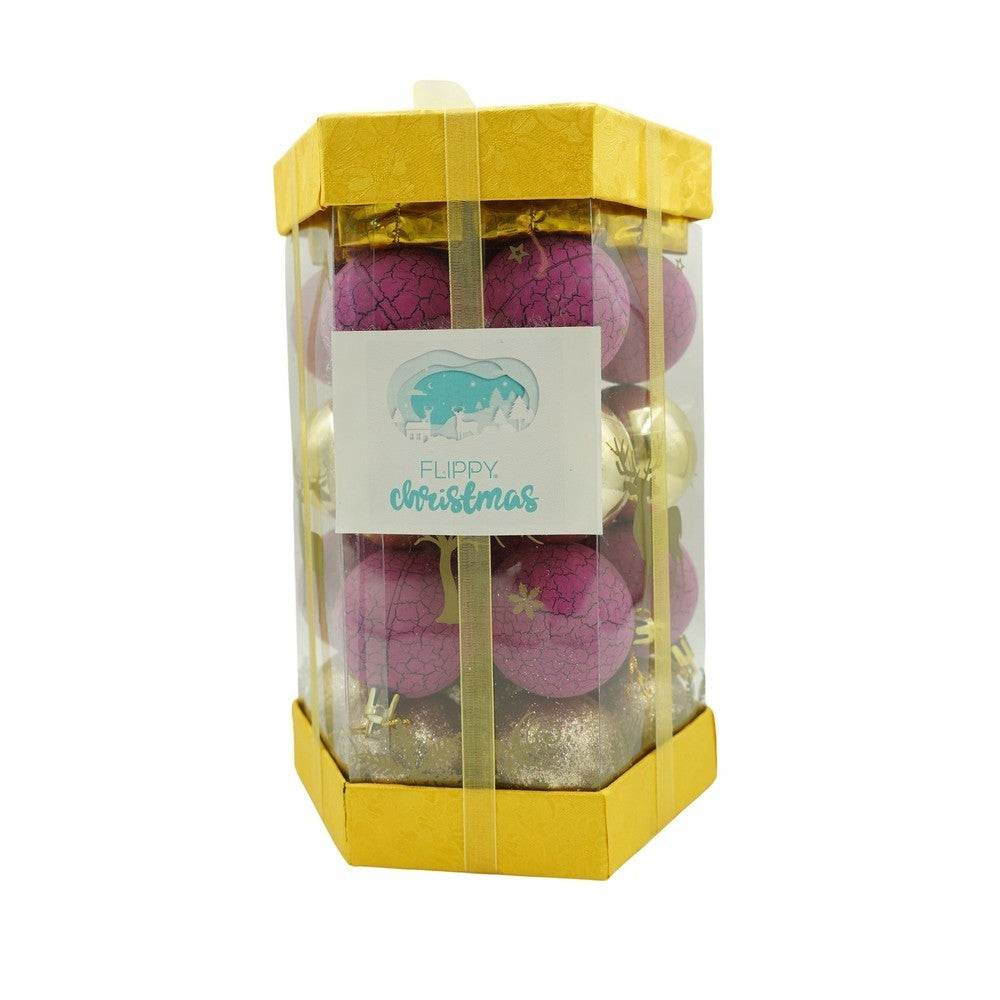 Set de 35 ornamente de brad, Flippy, de tip Glob, Auriu/ Mov, din polistiren, cu finisaj sclipitor , cutie 14 cm