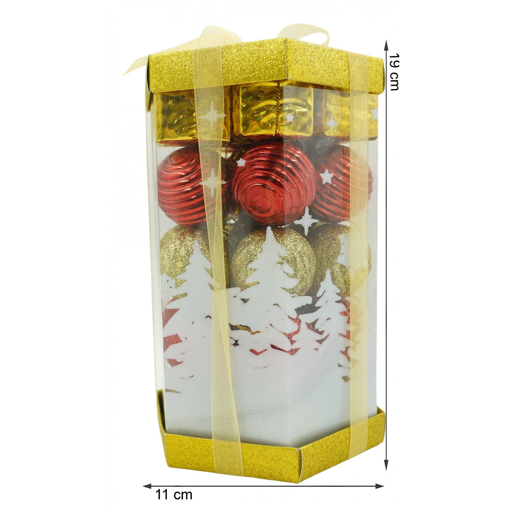 Set de 35 ornamente de brad, Flippy, de tip Glob, Rosu/ Auriu, din polistiren, cu finisaj sclipitor , cutie 11 cm